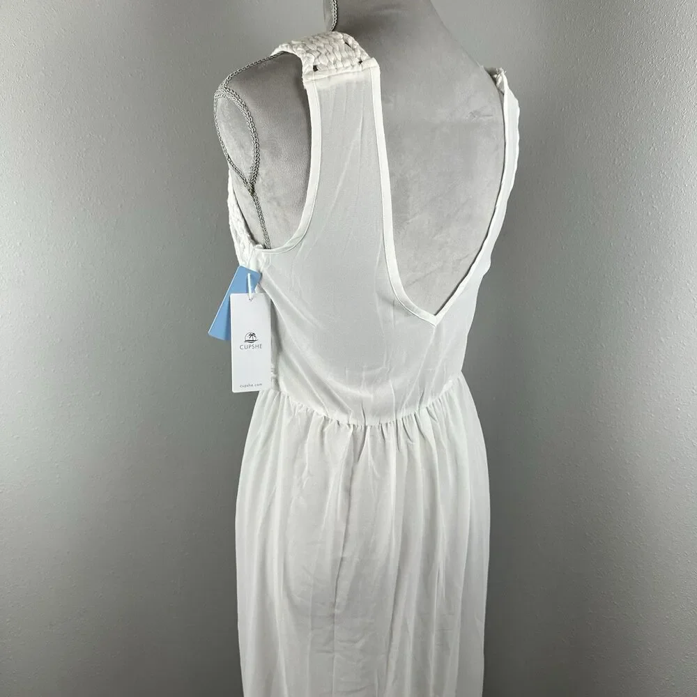 NWT Cupshe Knit Semi Sheer Cover-Up Maxi Dress Macrame White Vacation Beach - Picture 7 of 13